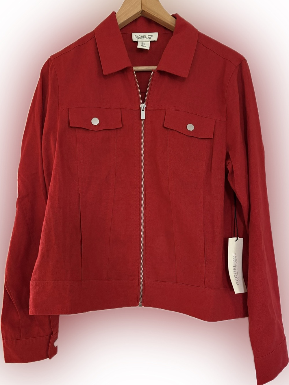 NWT Rachel Zoe Red Linen Zip Utility Trucker Jacket Size M Holiday Minimal